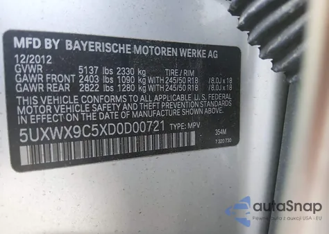 2013 BMW X3 xDrive28I из США, поврежденный, VIN 5UXWX9C5XD0D00721